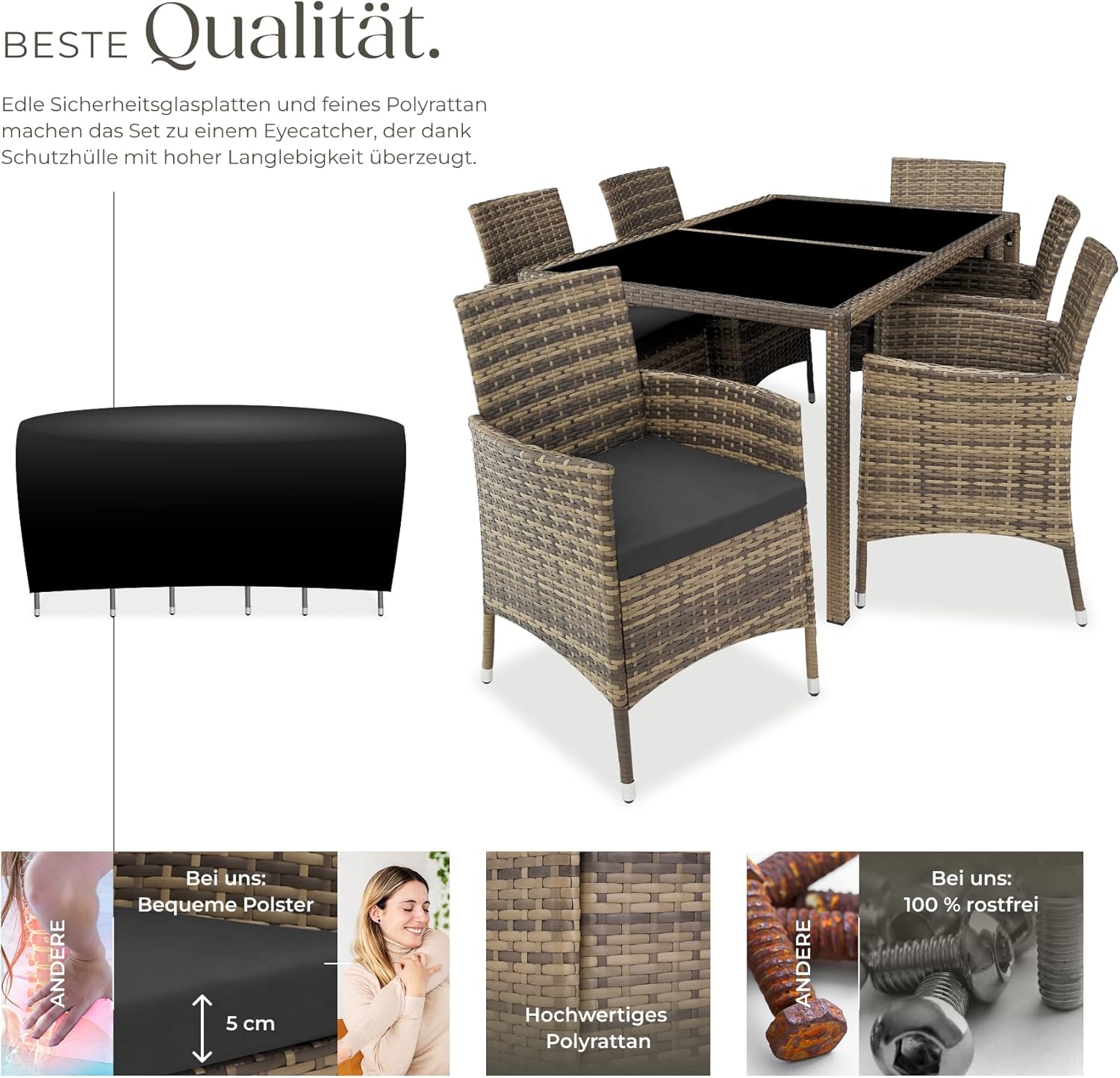 tectake Polyrattan Sitzgruppe für 6 Personen, Balkon Möbel, Gartenmöbel Set mit Tisch und 6 Stühlen, Essgruppe für Garten Terrasse und Balkon, inkl. Sitzkissen und Schutzhülle - Natur/dunkelgrau