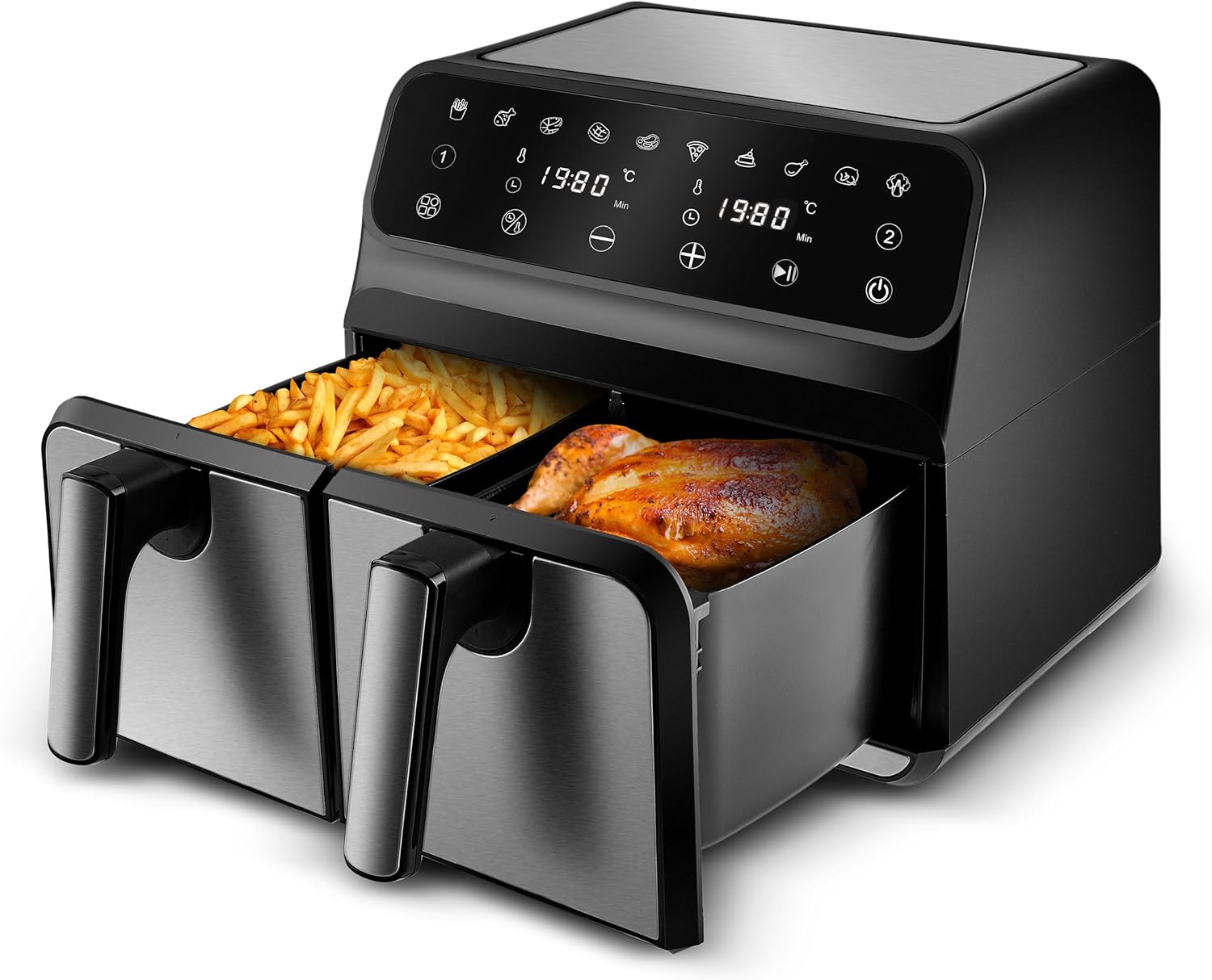 Karaca Multifry XXXL 4+4 Liter Digital Twin Twin Airfryer - Gesündere und Köstliche Zubereitung von Mahlzeiten für die Ganze Familie - 1700 W Leistung und 360-Grad-Luftzirkulationstechnologie