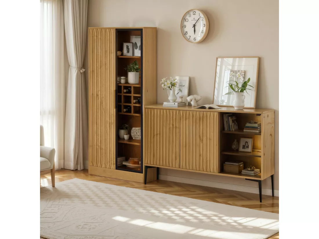 Ensemble Vitrine, meuble de salle de bain + buffet bas - 60 x 35 x 160 cm + 120 x 35 x 80 cm - Bois MDF - LEDs - Naturel