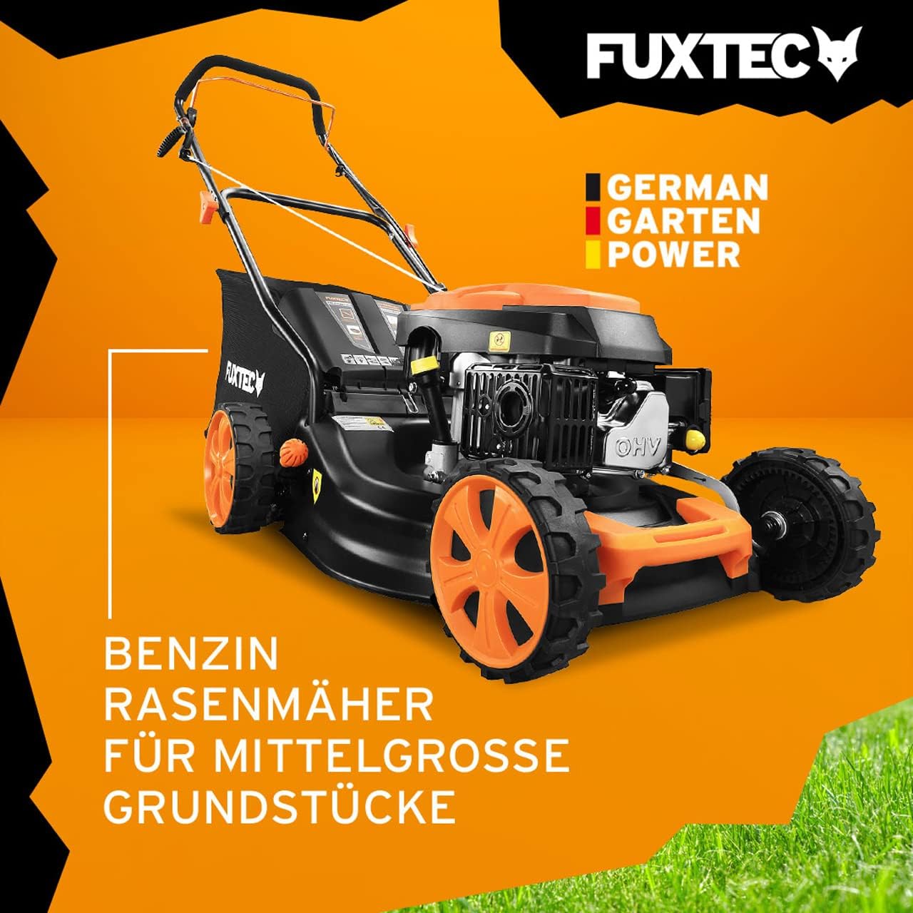 FUXTEC 3in1 Benzin Rasenmäher FX-RM4646ECO mit Frontbumper, leichtgewichtiger Gartenmäher mit Edge-Cut, 46 cm Schnittbreite, starker 4-Takt-Motor, Heckauswurf, Big Wheel Räder, 50L Grasfangkorb