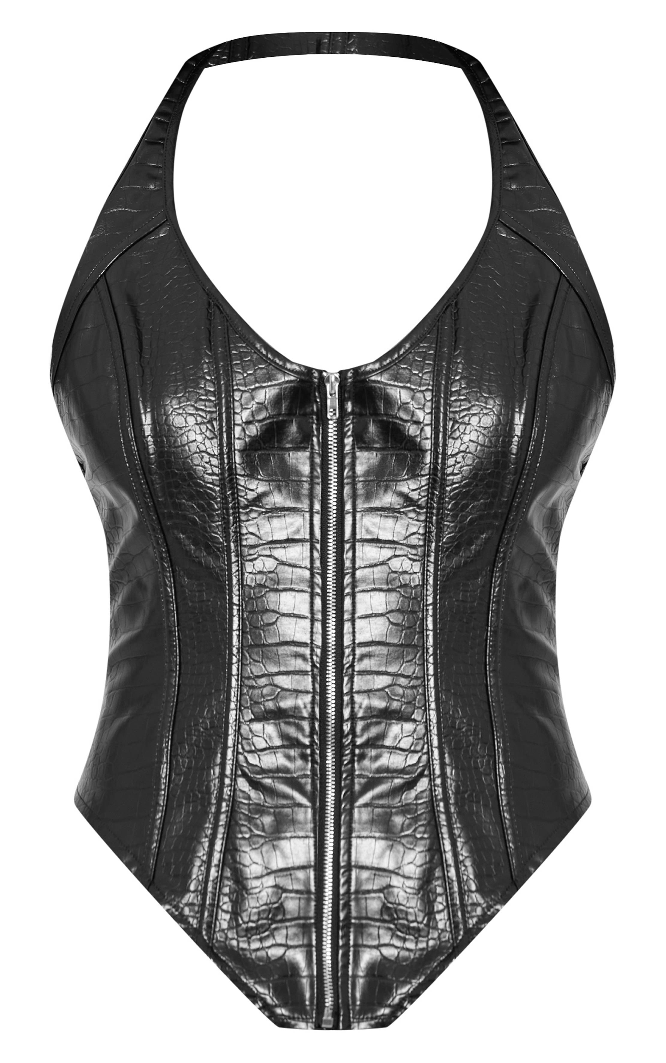 Noir Corset À Ourlet Plongeant Avec Baleines En Synthétiquecuir Effet Croco