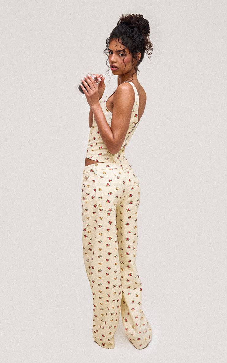 Crème Jean Droit Taille Mi-haute À Motif Floral