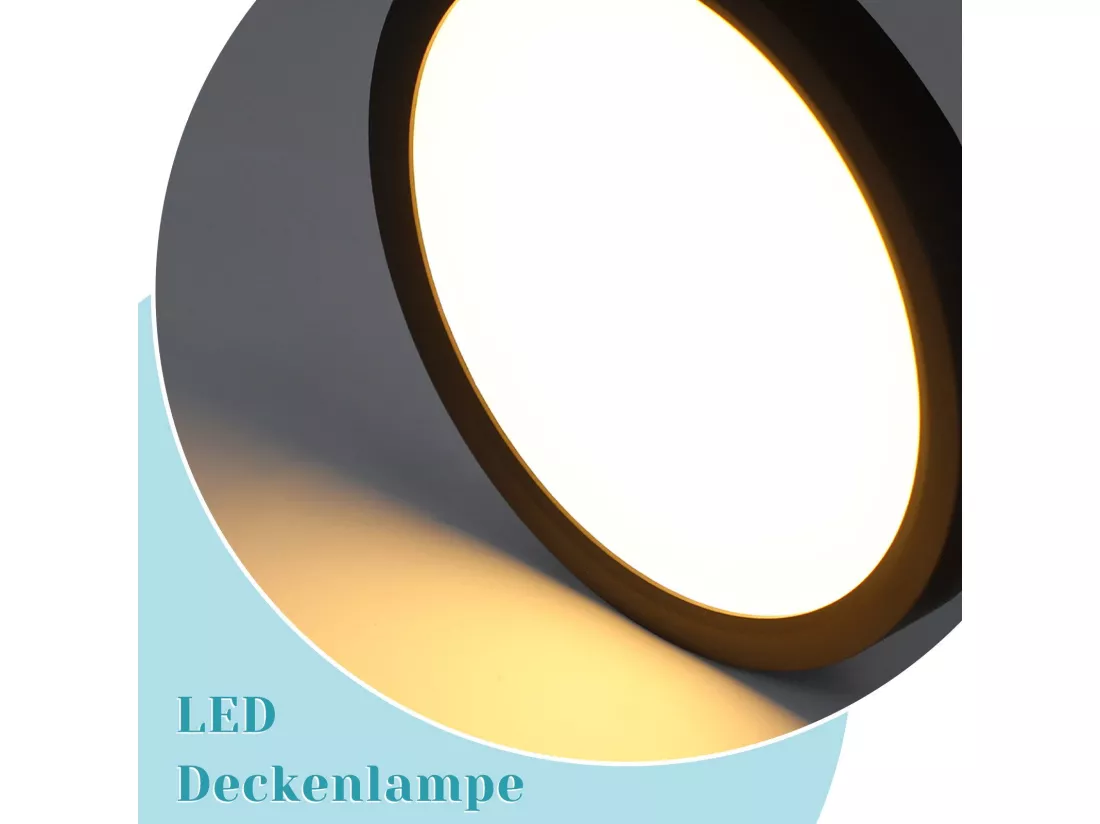 NETTLIFE Plafonnier LED Ø 30 cm - 24 W, Noir, 3000 K - Éclairage moderne cuisine, salle de bain, couloir, chambre