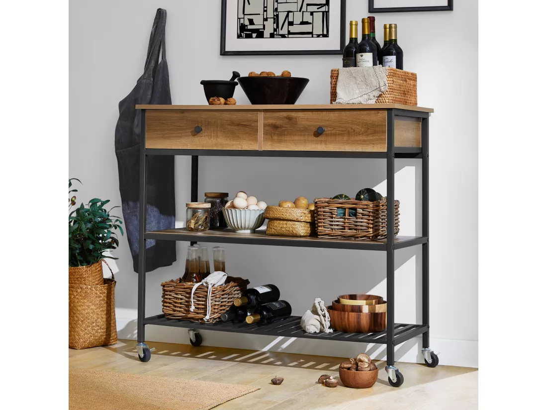 Desserte Roulante Chariot De Cuisine De 2 Étages Chariot De Service Avec 2 Tiroirs, Fkw112-pf