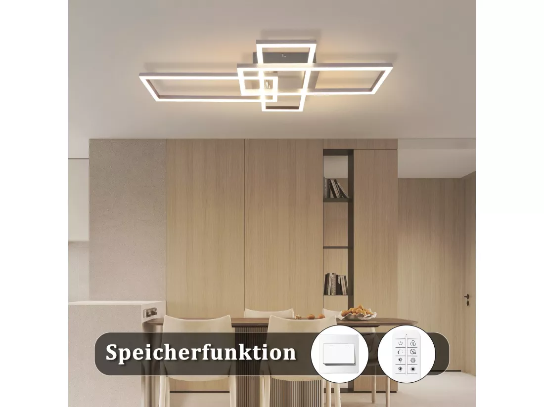 NETTLIFE Plafonnier LED Chambre Argent Dimmable 64CM 36W Géométrique Salon avec Télécommande