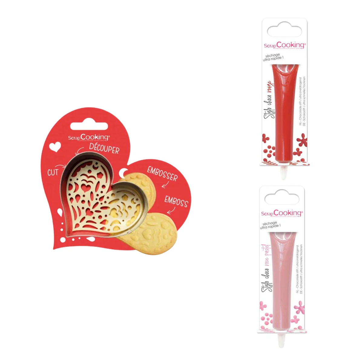 Kit pour biscuit en relief Coeur + 2 Stylos au chocolat rouge et rose