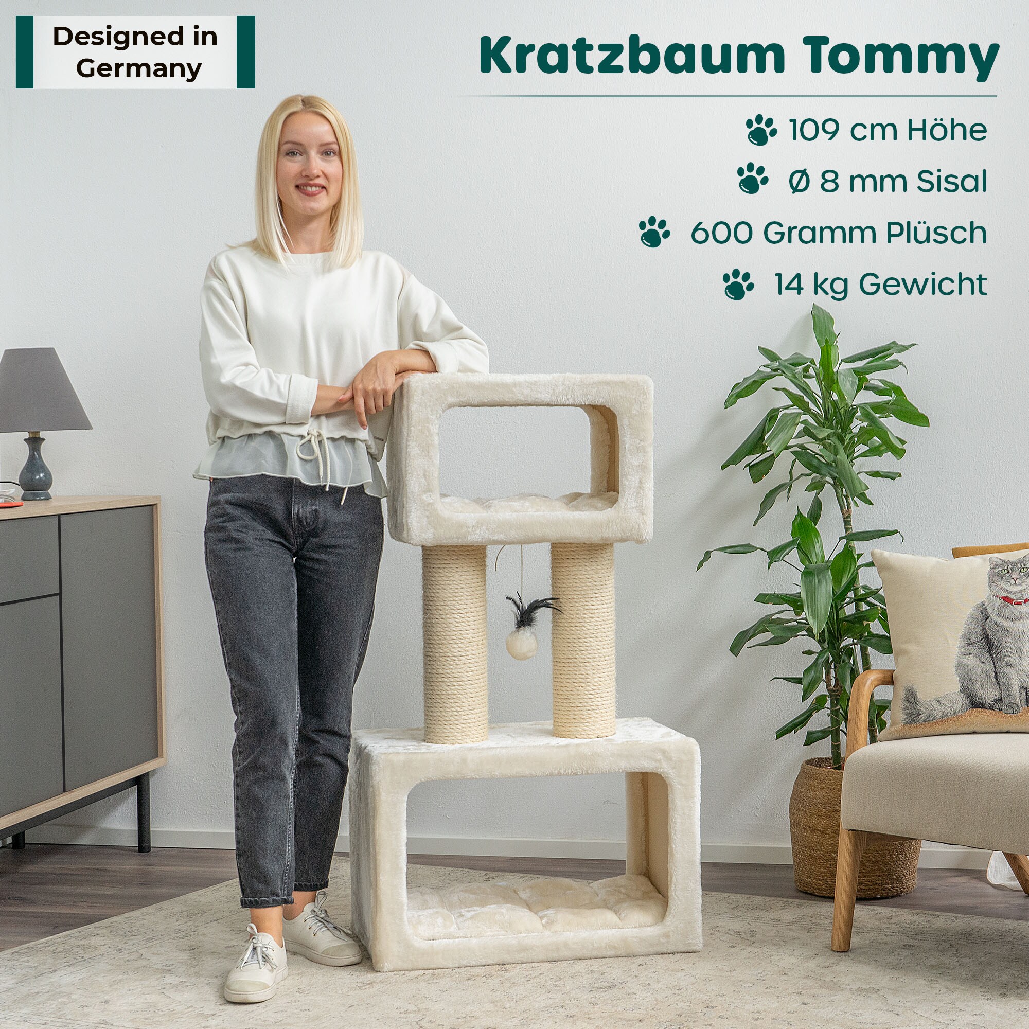 HAPPYPET Premium Kratzbaum Grosse Katzen Stabil Katzenbaum 109 cm | Creme 109 cm
