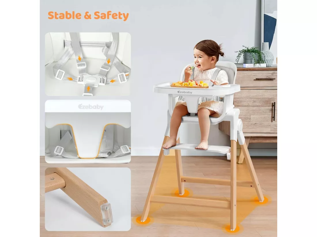 Chaise Haute Bébé Pliable,Chaise Enfant 4 en 1,Pieds En Bois,Siège d’Appoint Tabouret de Bar Fonction,à partir de 6 mois,Blanc