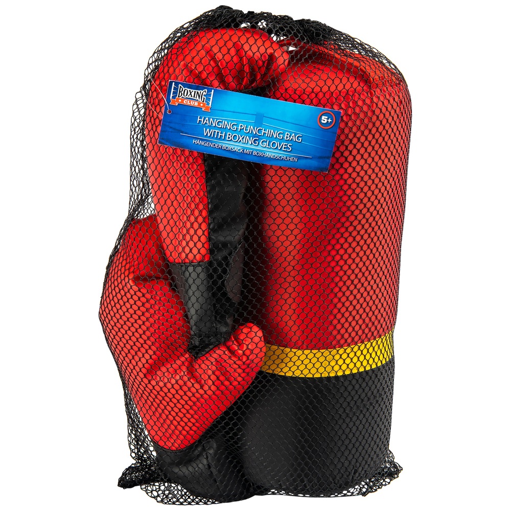 Hängender Boxsack mit Boxhandschuhen