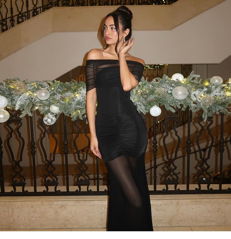 Bababy - Maxi-jurk met korte mouwen, off-shoulder, effen gerimpeld paneel en mesh