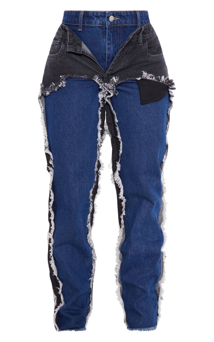 Bleu Indigo Délavé Jean Droit À Effet Superposé