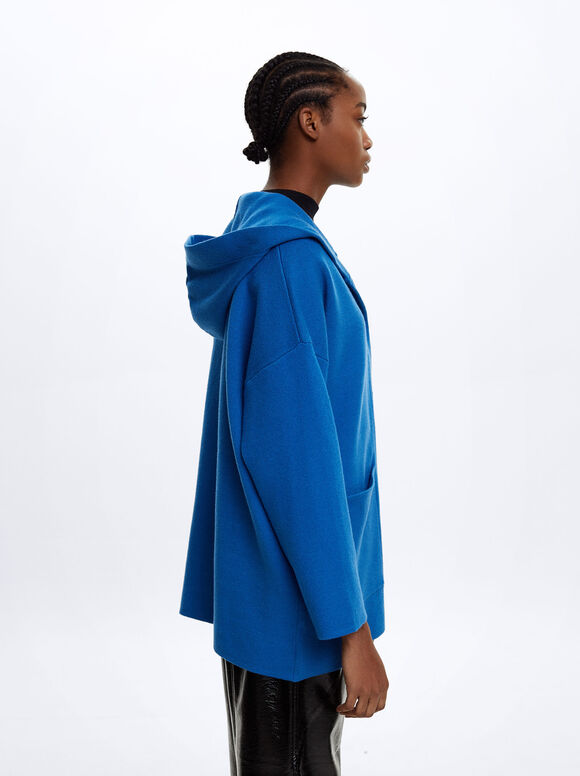 Poncho de tricô com capuz - Azul