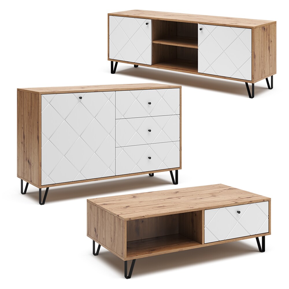 Vicco Couchtisch Nizza 110 x 37 cm, Artisan Weiß, moderner Tisch mit Ablagen