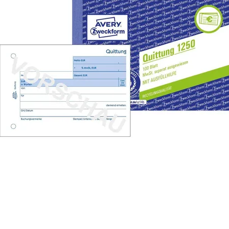 Avery Zweckform 1250 Quittung MwSt. separat ausgewiesen, A6 quer, Recycling-Papier, 100 Blatt