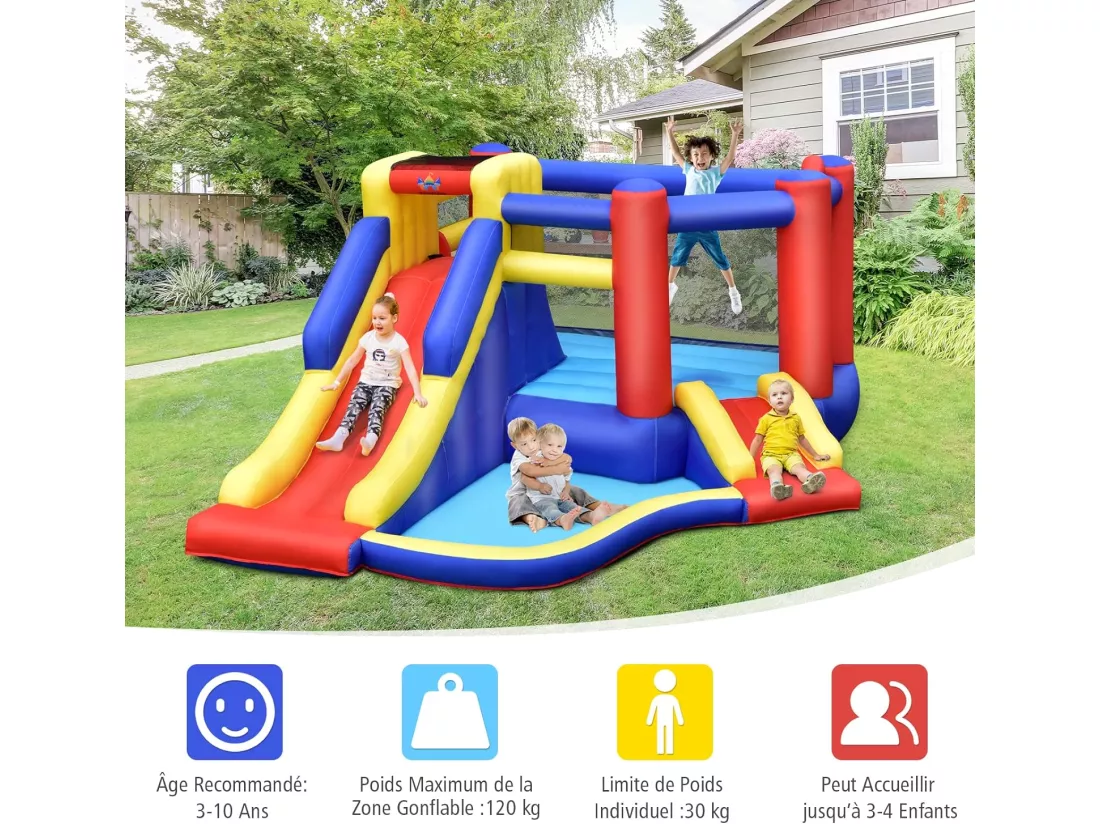 Château Gonflable avec Long Toboggan,Trampoline,Piscine à Balles,Mur d'Escalade,Panier de Basket Sac Transport avec Gonfleur 450W