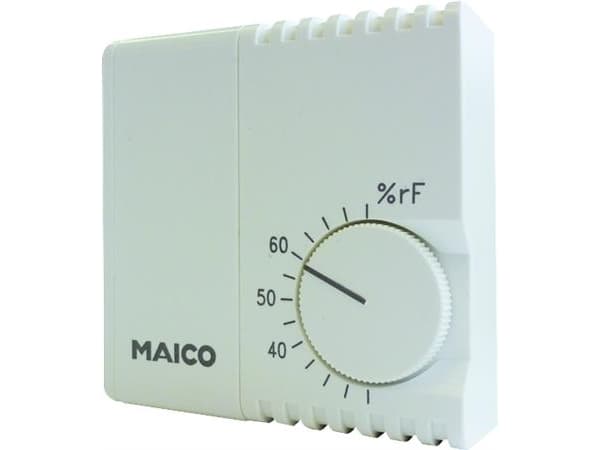 MAICO Hygrostat HY 230, elektronisk fugtmåling, med drejeknap på front til af-/befugtning. IP30, arbejdsområde 20-80% RH. Mål 71x71x27 mm.