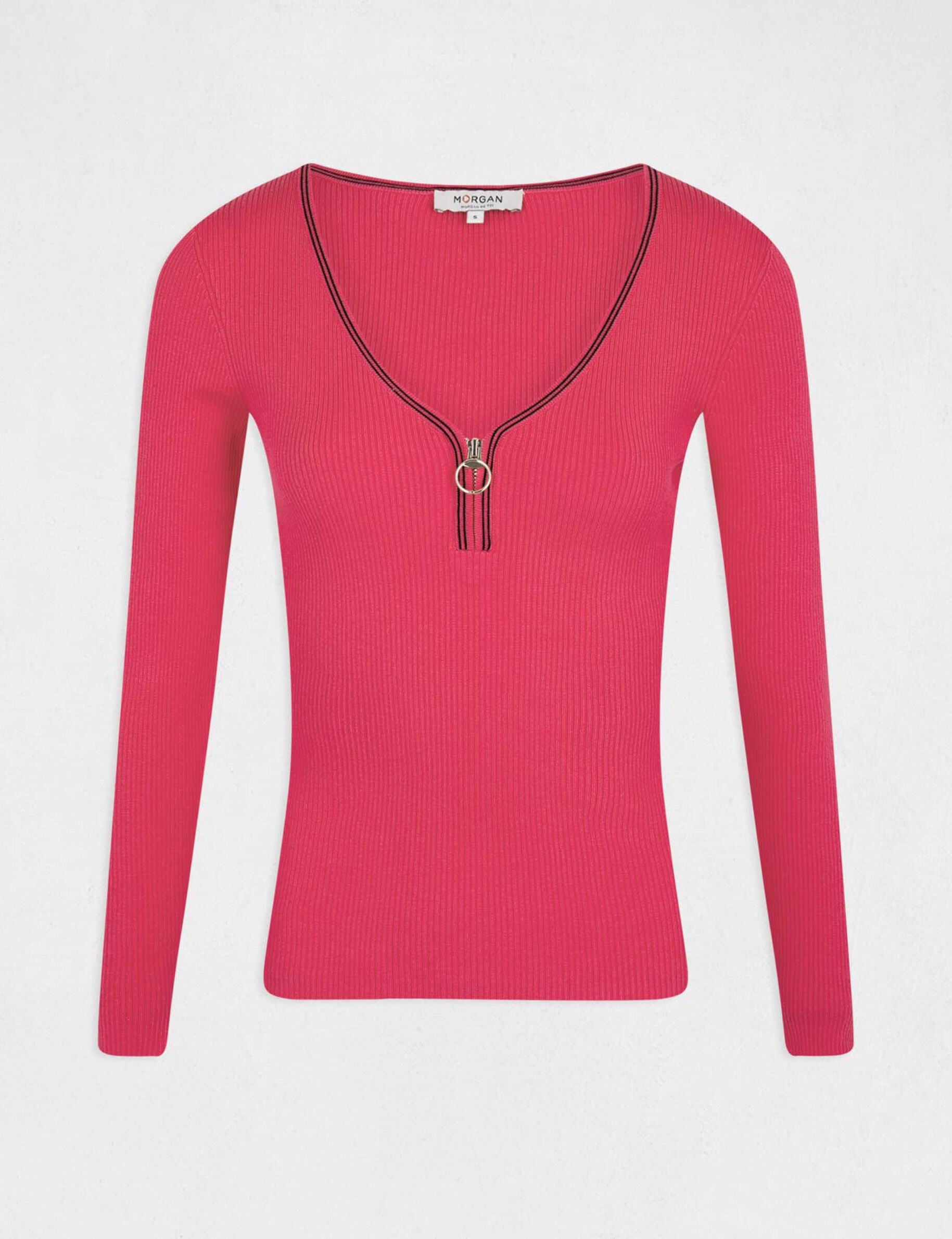Pull manches longues à col en V fuchsia femme - fuchsia