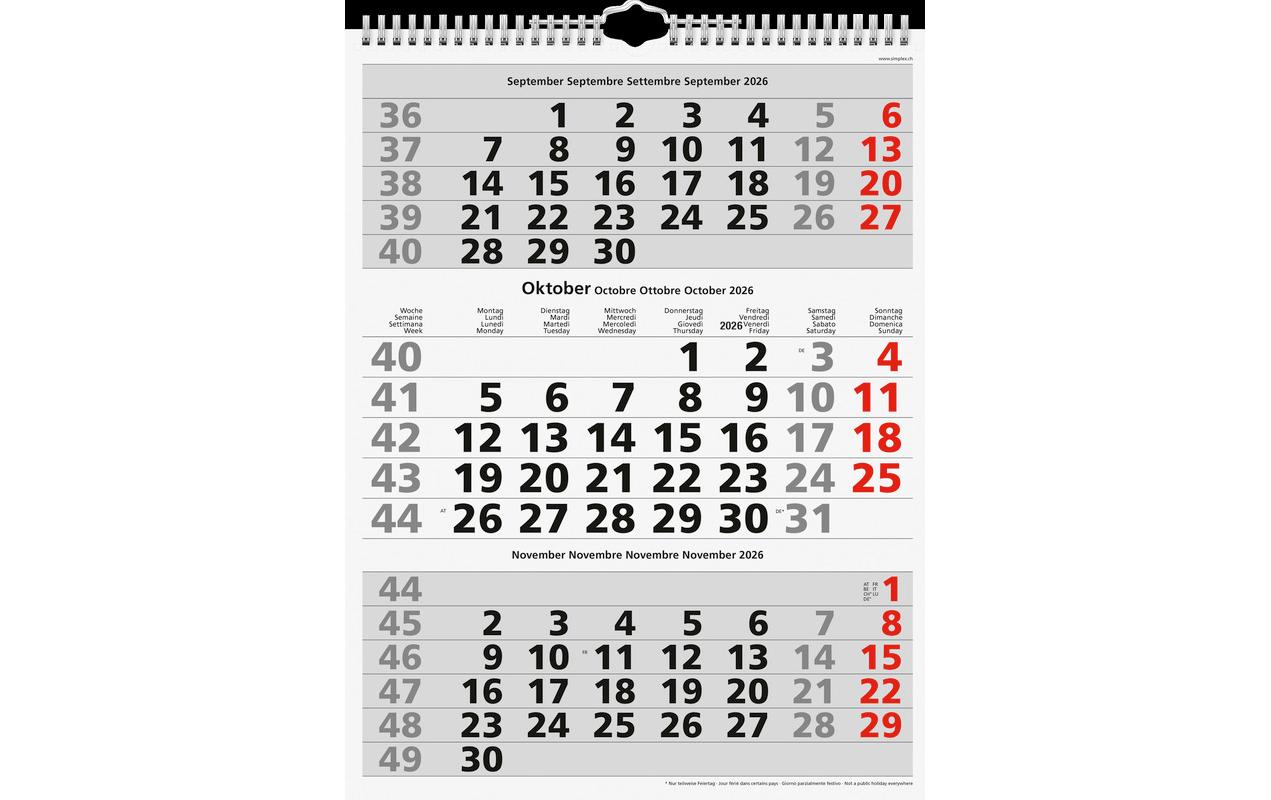 3-Monatskalender mit Spiralbindung 2026, 31 x 40 cm, RotWandkalender