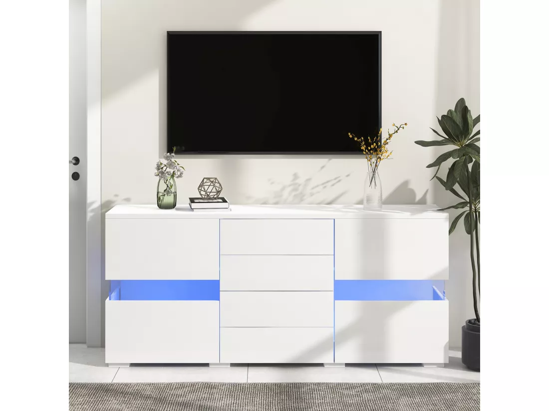 Buffet bas avec LED - 2 portes et 4 tiroirs - blanc