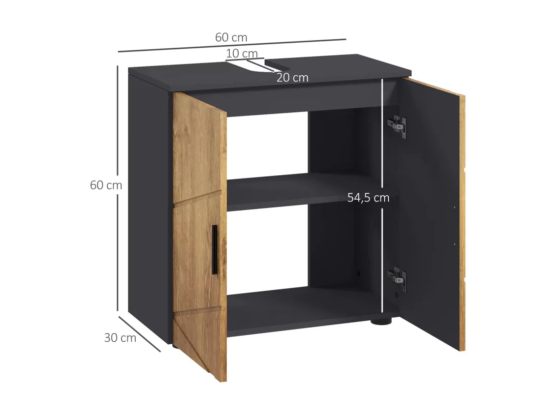 Meuble sous-vasque - 2 portes, étagère - dim. 60L x 30l x 60H cm - anthracite aspect bois
