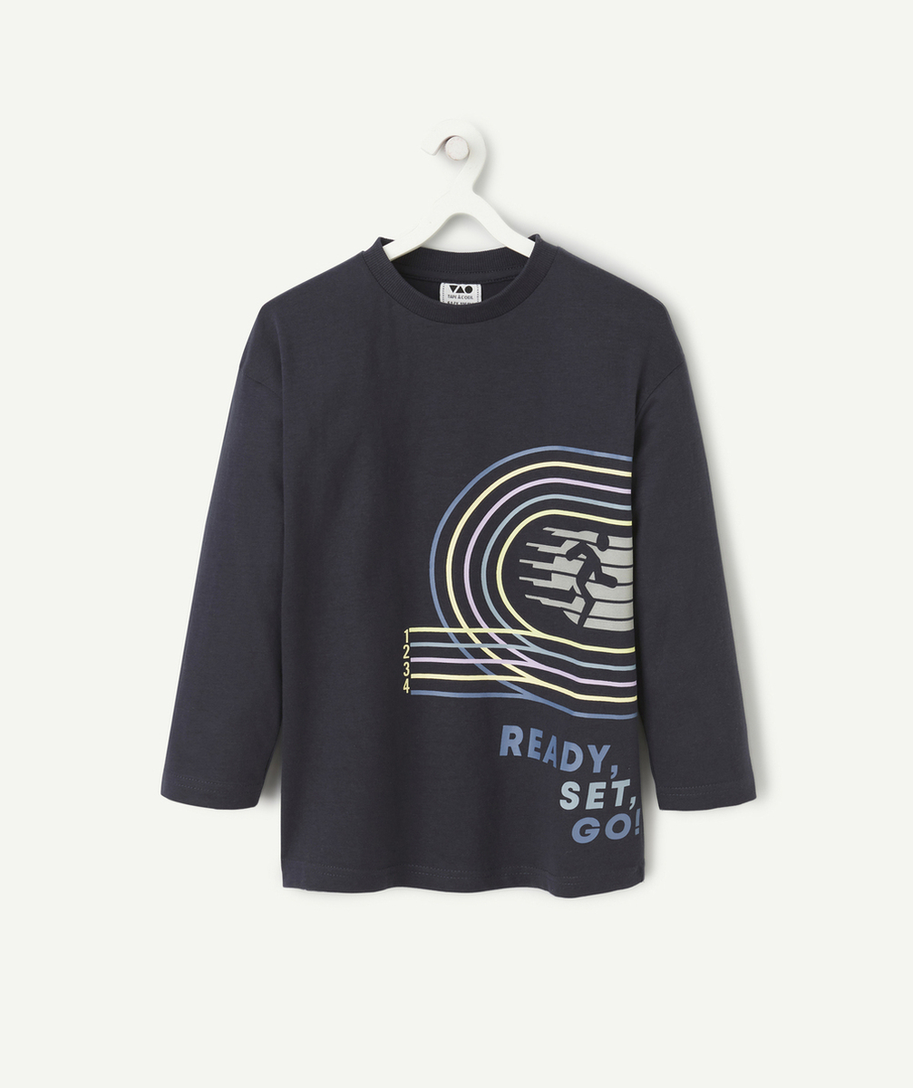 T-SHIRT MANCHES LONGUES GARÇON EN COTON BIO BLEU MARINE THÈME SPORT