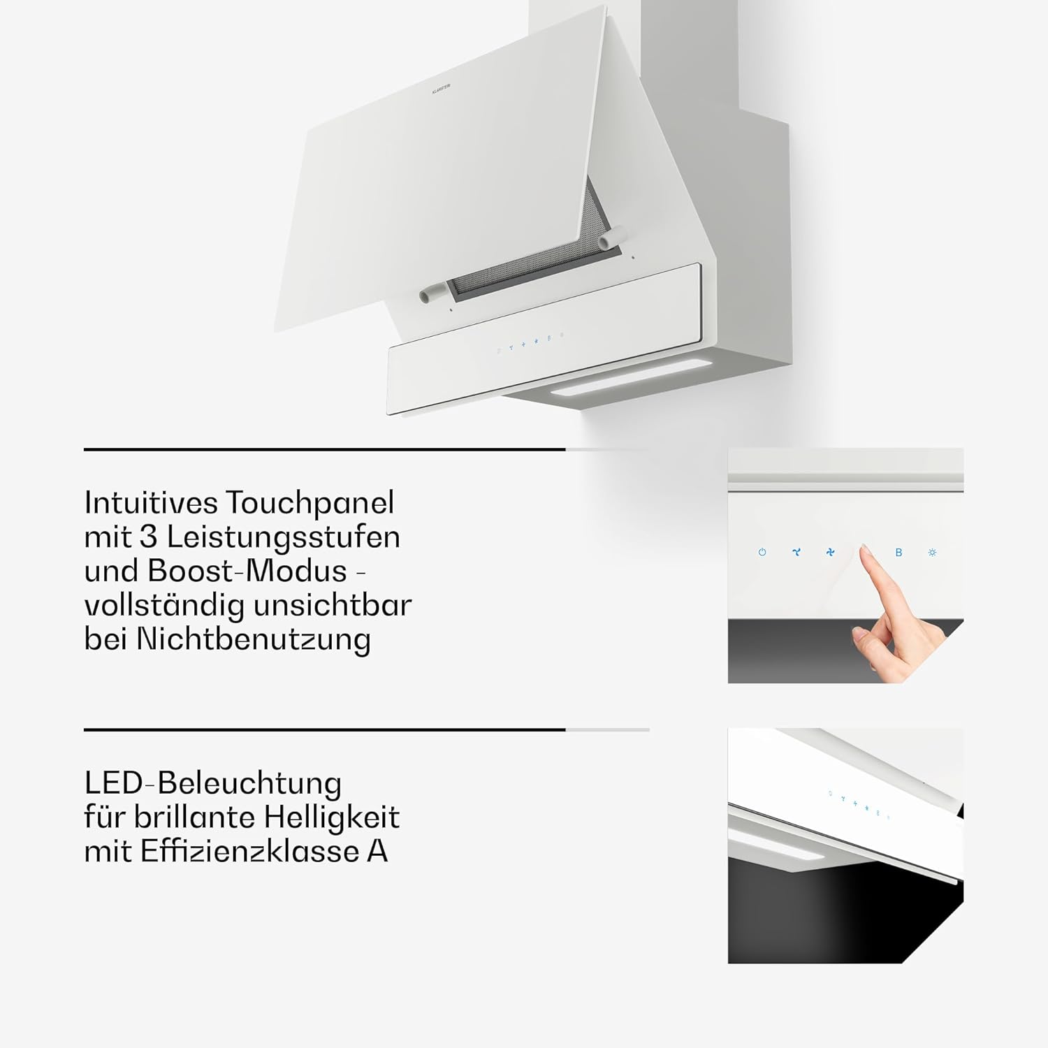 Klarstein Velaire Dunstabzugshaube 60 cm - Kopffreihaube, 820 m³/h Boost, A++ Energieeffizienz, Touch-Bedienung, LED, leise, Aluminium- & Aktivkohlefilter, Abzugshaube Küche, Weiß