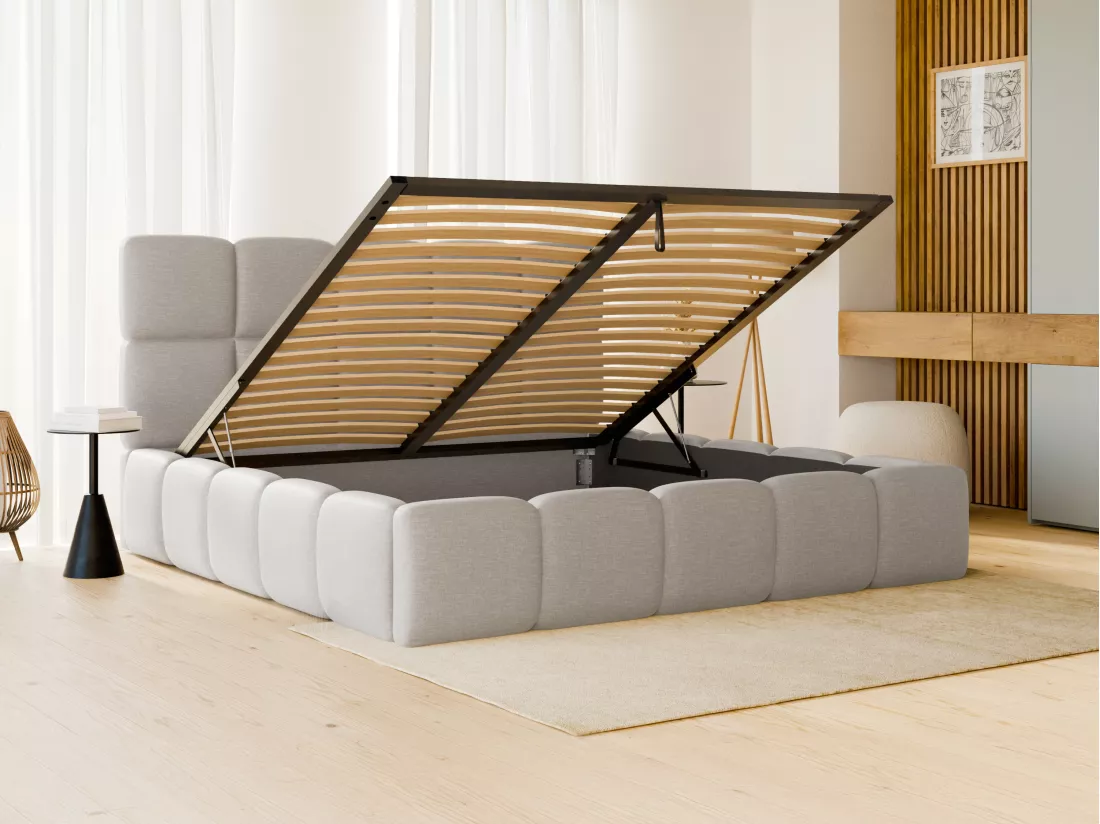 Lit coffre 160 x 200cm - Tissu chiné - Gris clair + Matelas - DAMADO de Pascal Morabito