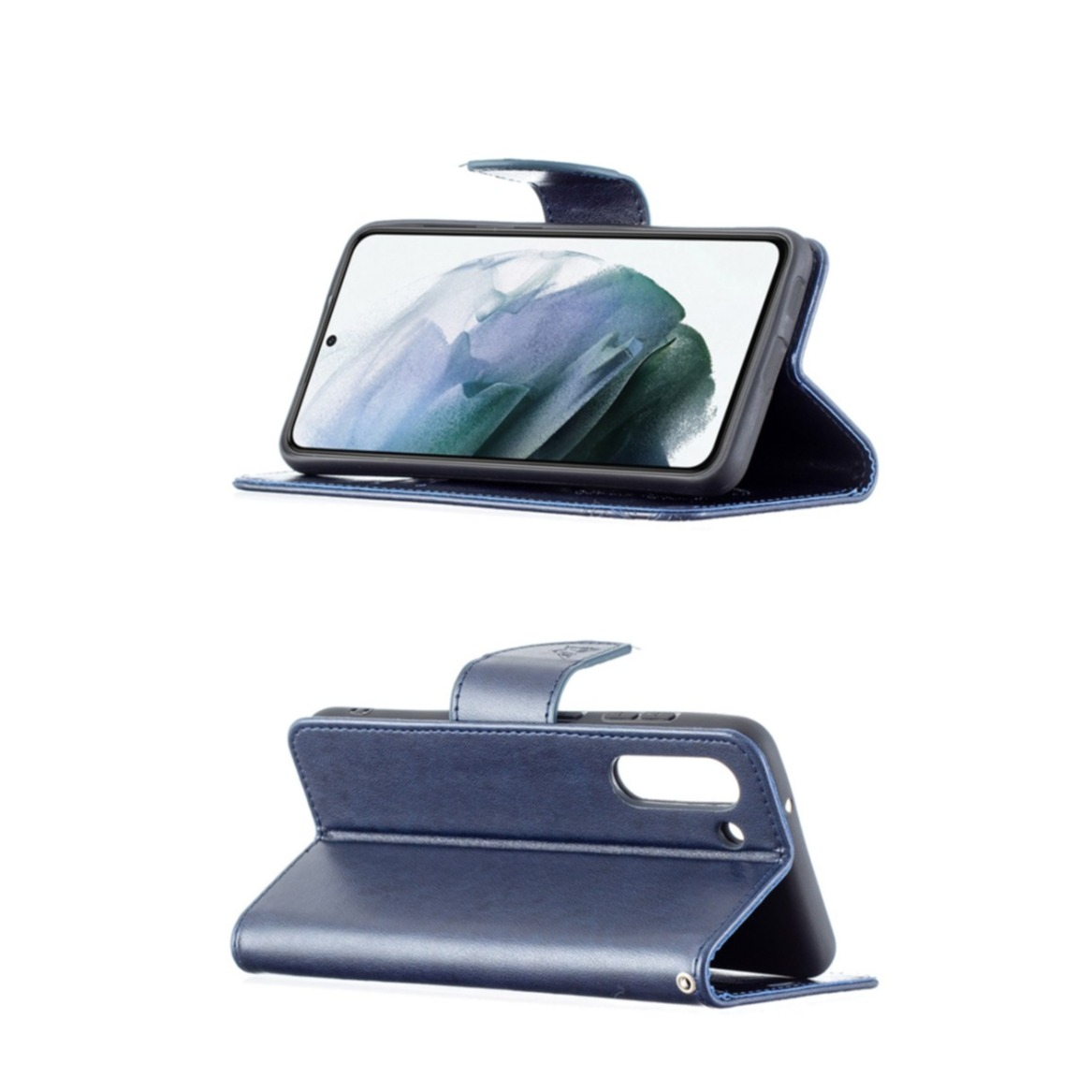 Samsung Galaxy S21 FE 5G Leder Tasche mit Kartenfach   Handschlaufe Schmetterling - Blau