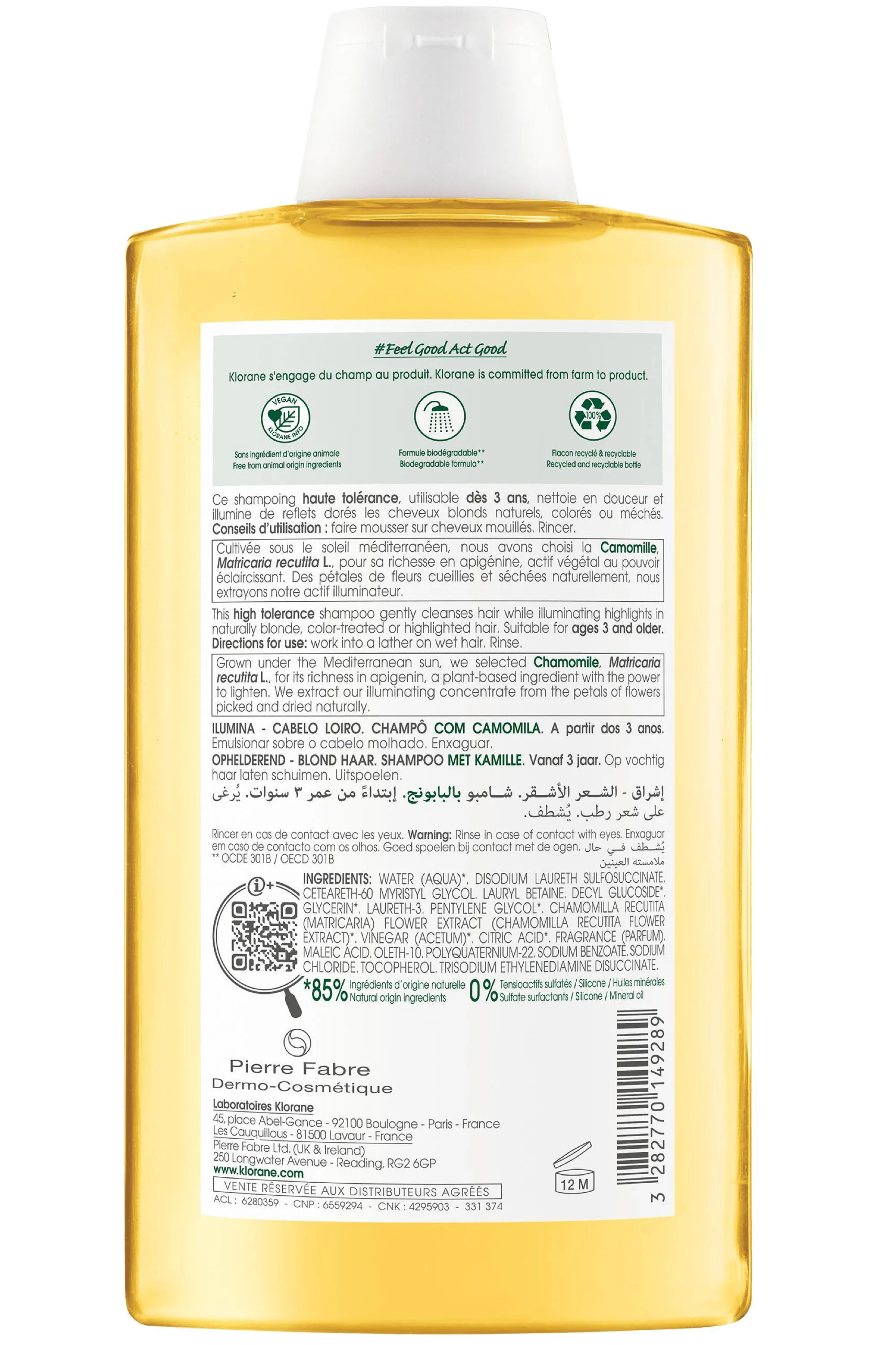 Klorane Shampoing à la Camomille pour cheveux blonds-400 ml