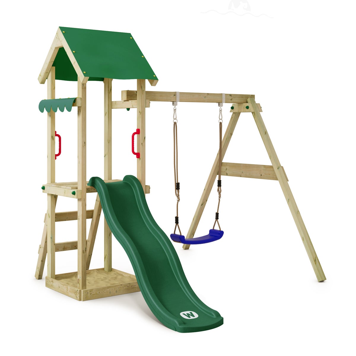 WICKEY TinyWave Speeltoren Klimrek met Schommel en Glijbaan, Klimtoren met Zandbak, Ladder en Speelaccessoires - Groen