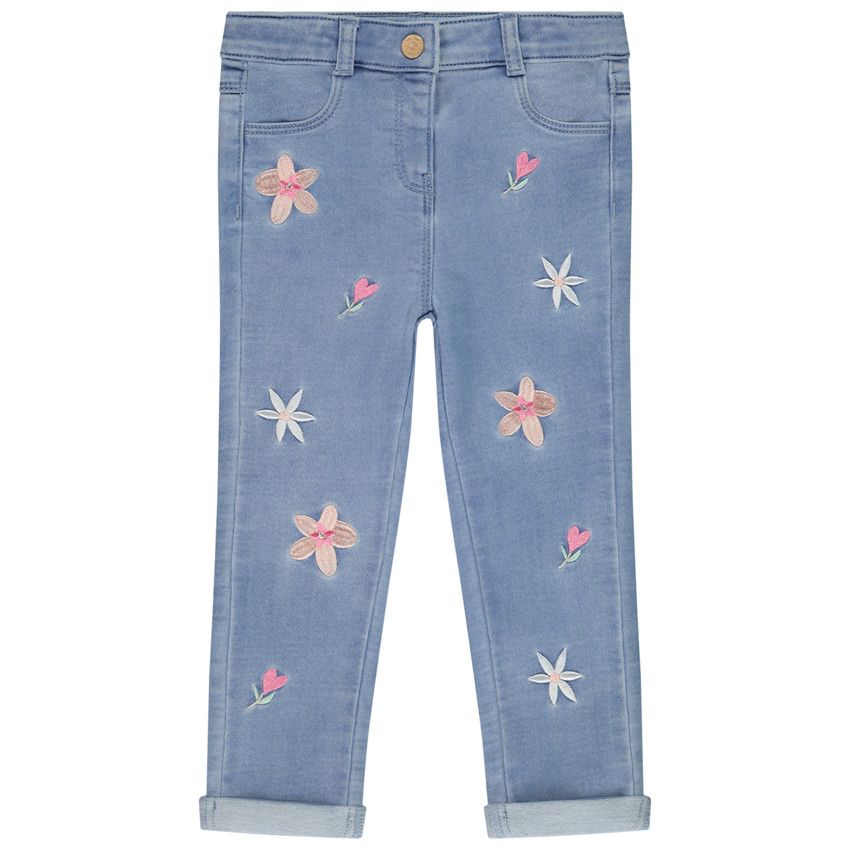 Jean slim brodé fleurs pour bébé fille - Bleu