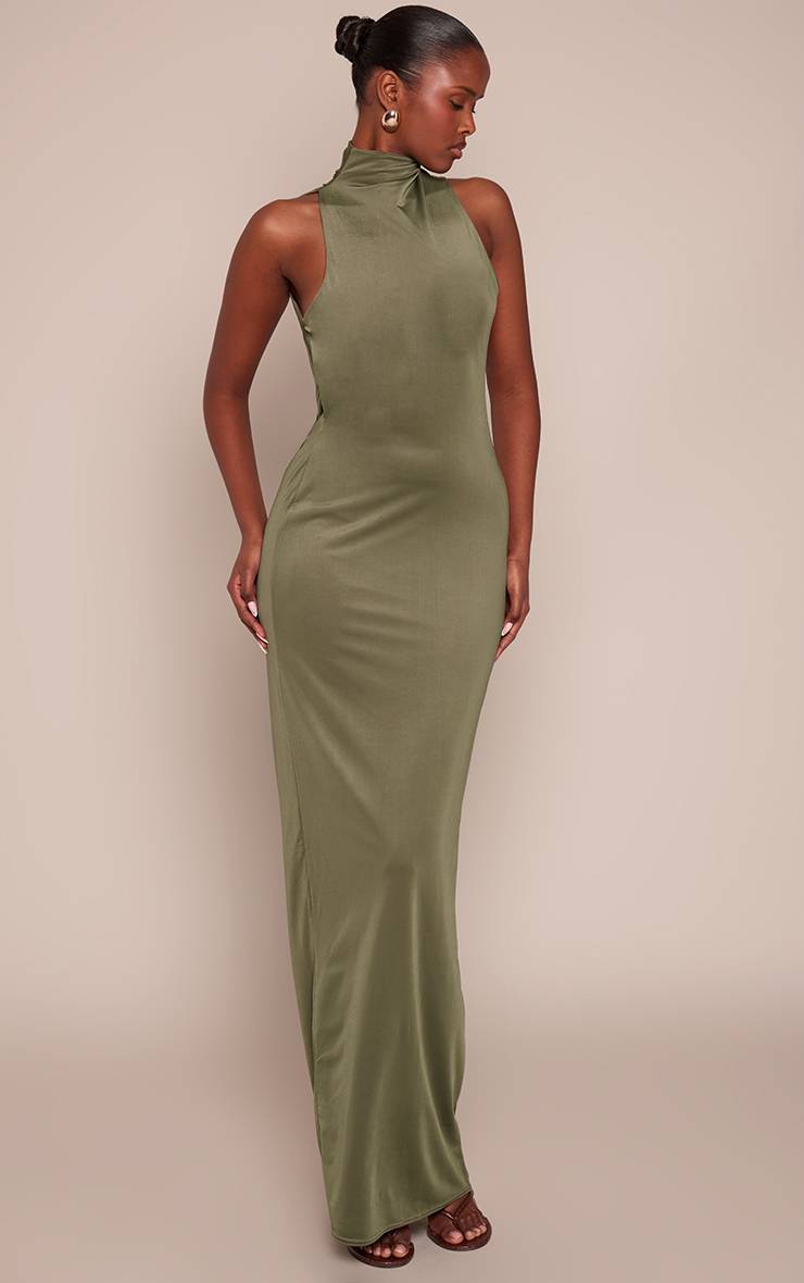 Kaki Robe Maxi Asymétrique Près Du Corps À Col Montant