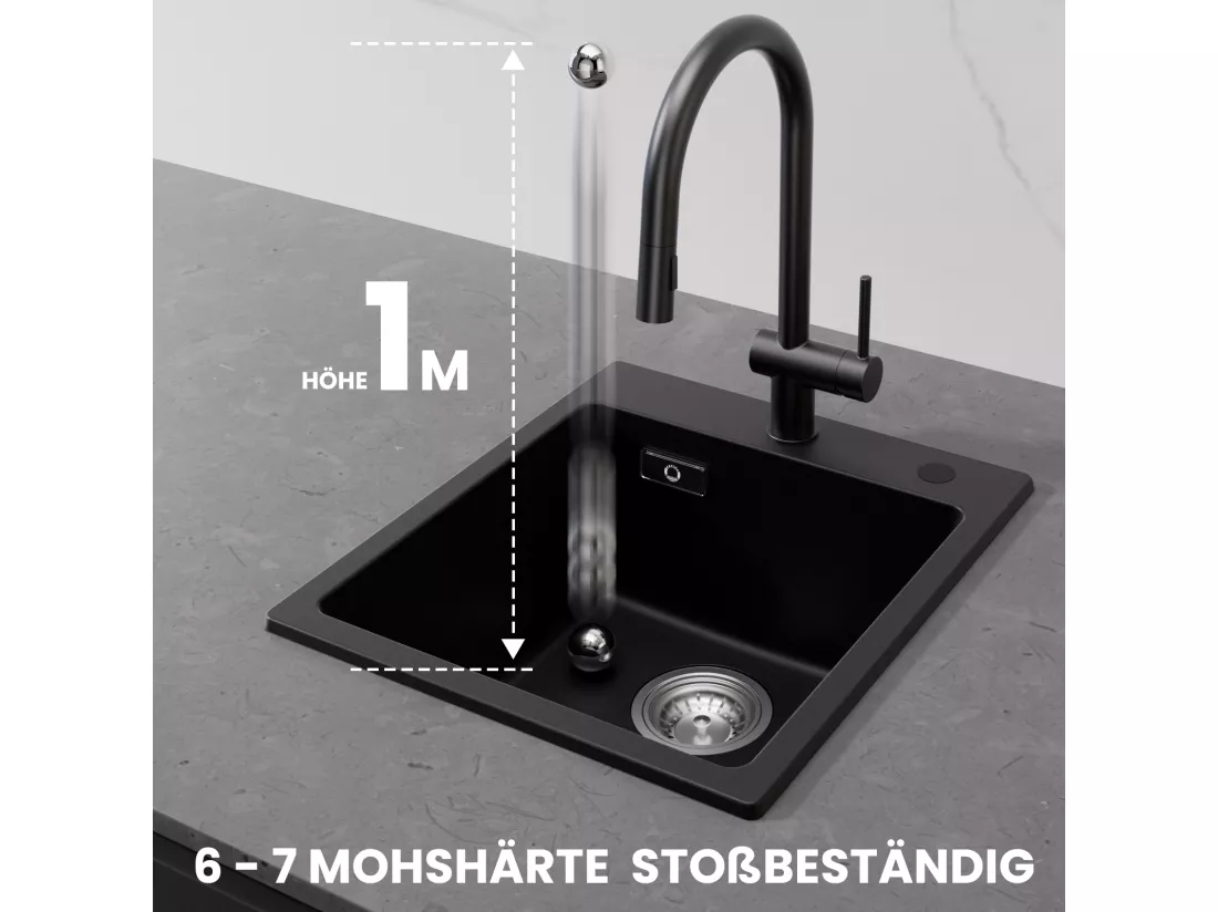 Cecipa MAX 40x45cm Noir Evier de Cuisine en Quartz et Résine Evier 1 Bac + Mitigeur de Cuisine Rabattable Noir