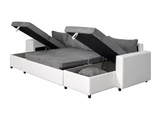 Canapé panoramique Oslo convertible avec coffres, poufs à droite - Simili/Microfibre - Blanc/Gris - L311 x P146 x H81cm - Loungitude
