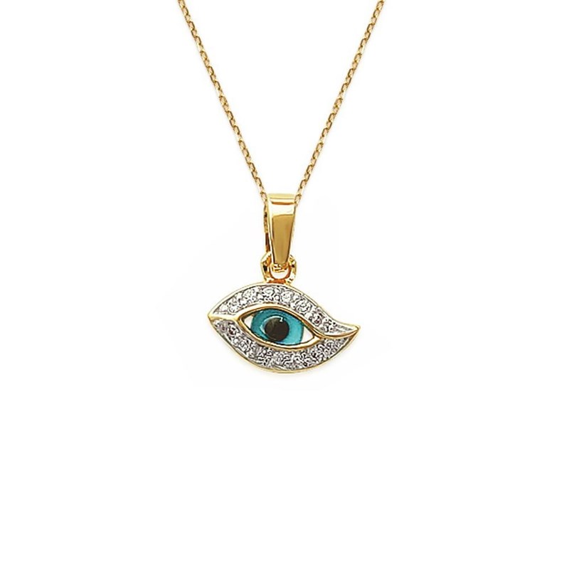 Collier oeil bleu porte bonheur protection serti d'oxydes de zirconium Plaqué OR 750 3 microns 2 tons