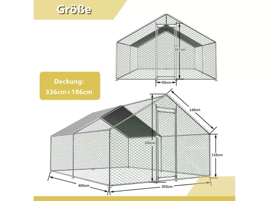 Chalet de jardin poulailler 3x4x2 mètres en métal avec serrure sécurité et toile PE imperméable pour petits animaux domestiques