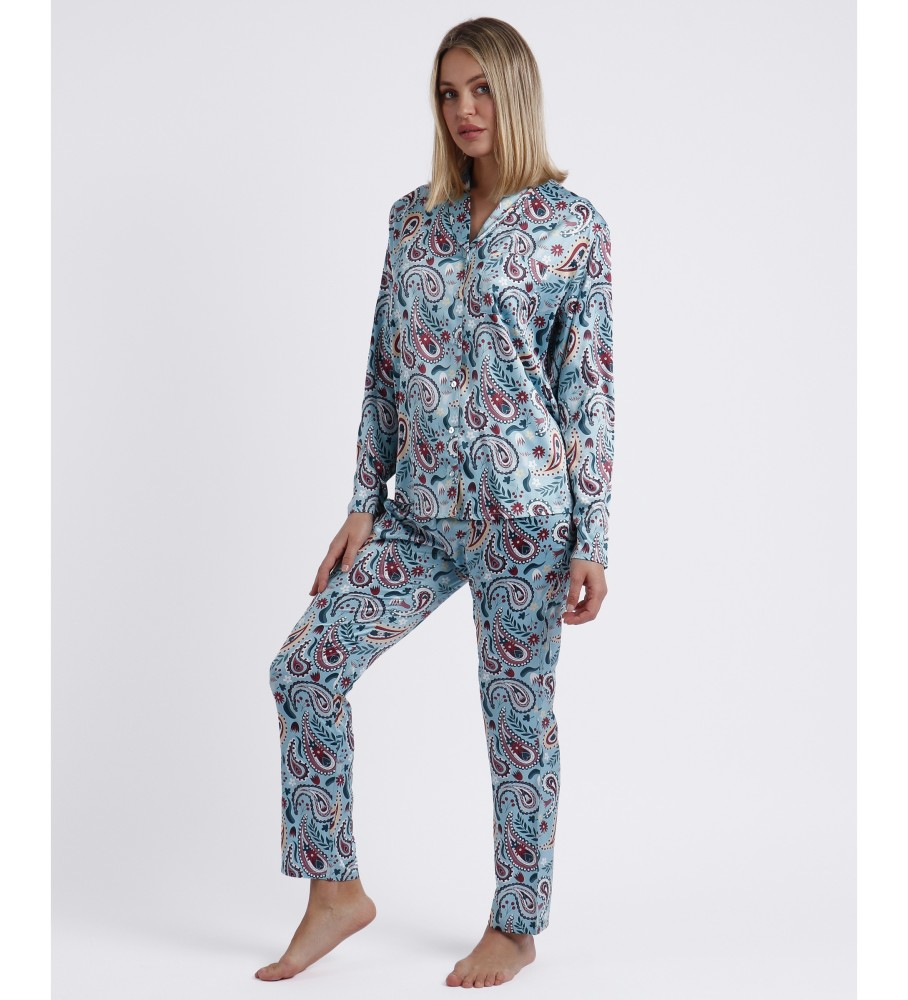 Pijama Admas de manga comprida aberto com estampa paisley azul-água