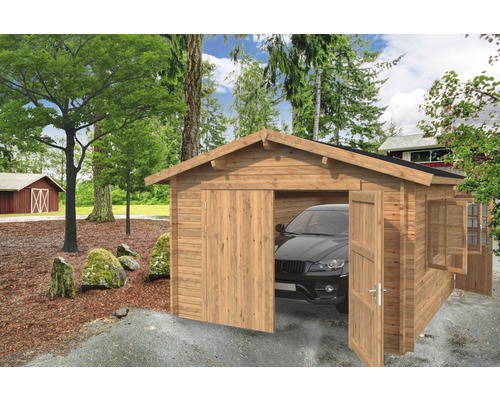 Palmako Roger vrijstaande garage, 19,0 m², met houten deur 360 x 550 cm, bruin gegrond.