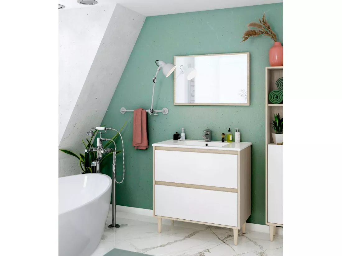 Meuble sous-vasque Yazoo, Meuble sous-vasque de salle de bain, Meuble sous-vasque avec miroir, Lavabo non inclus, 80x45h80 cm, Blanc brillant et chêne
