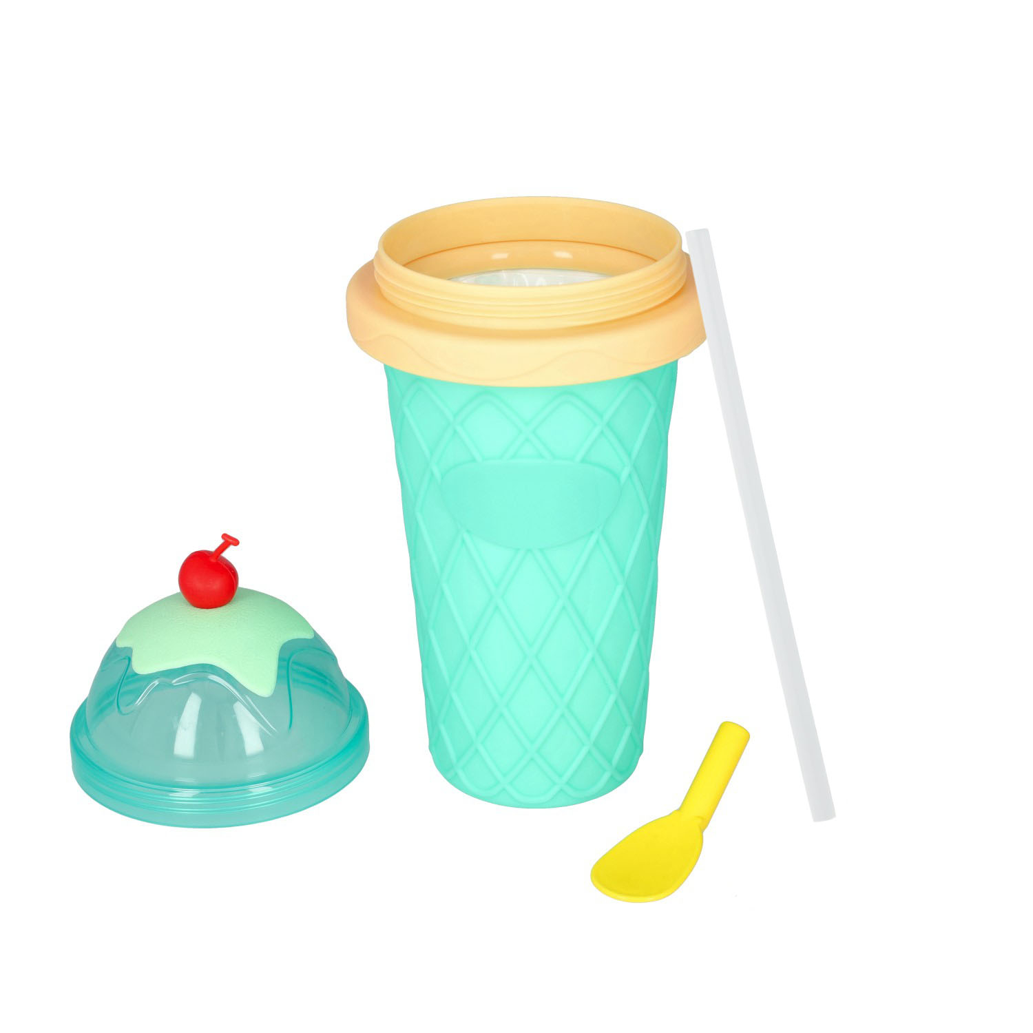 (300ml) Silikon Slushy Maker Cup Gefrorener Smoothie Eis Becher zum Kneten inkl. Löffel Strohhalm - Grün