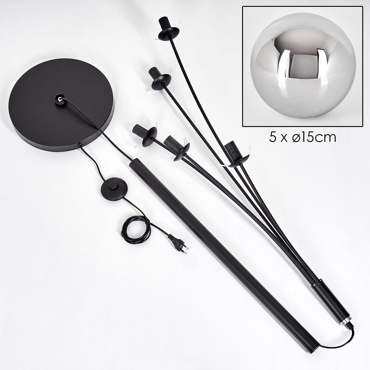 HOFSTEIN Stehleuchte Gastor, Stehlampe aus Metall/Glas in Schwarz/Chrom/Rauch, Leuchte im Vintage-Design mit Glasschirmen (Ø 15 cm) u. Fußschalter, 169 cm, E14, Wohnzimmer, Schlafzimmer, Esszimmer
