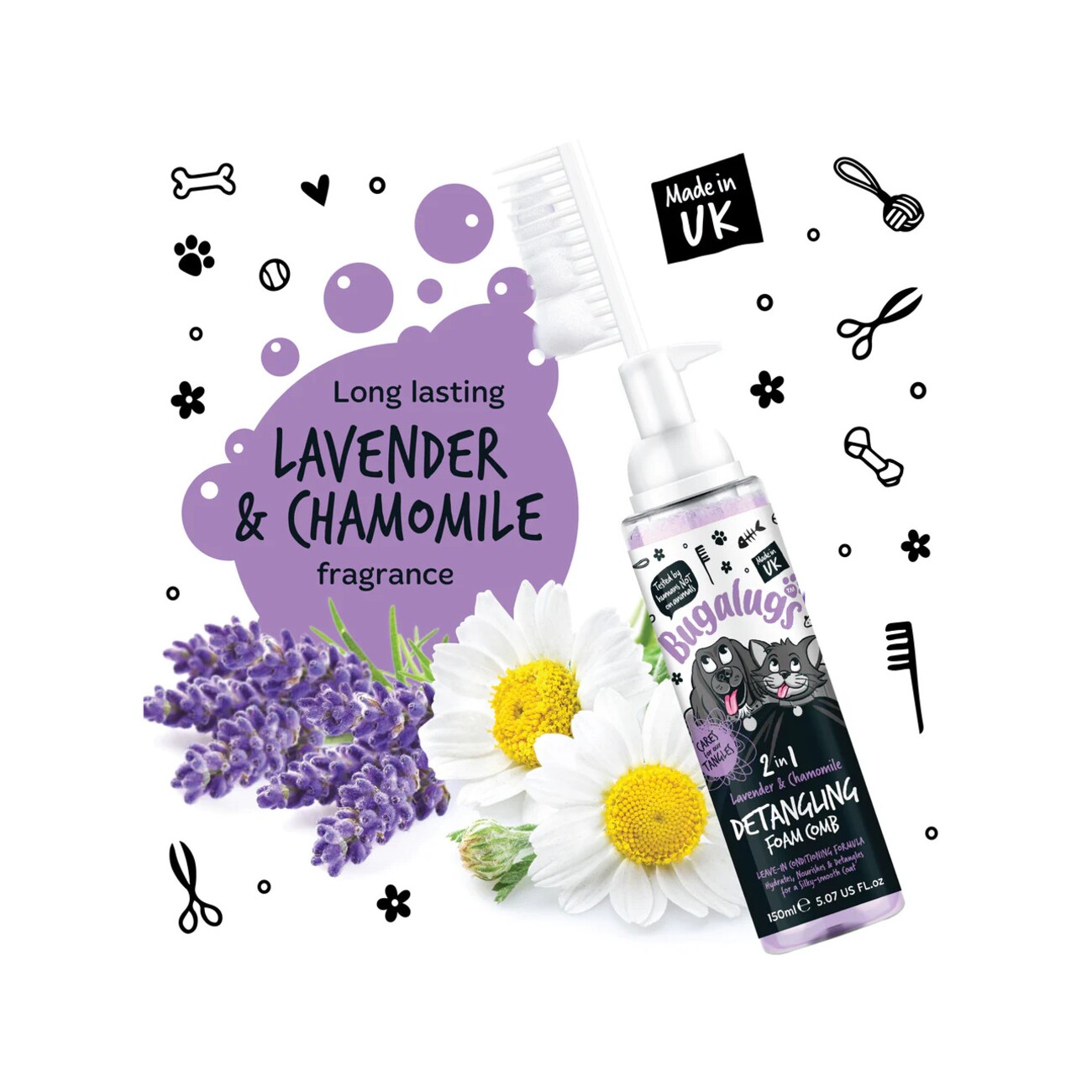 Bugalugs Fellentwirrungsschaum mit Kamm Lavendel & Kamille 150 ml