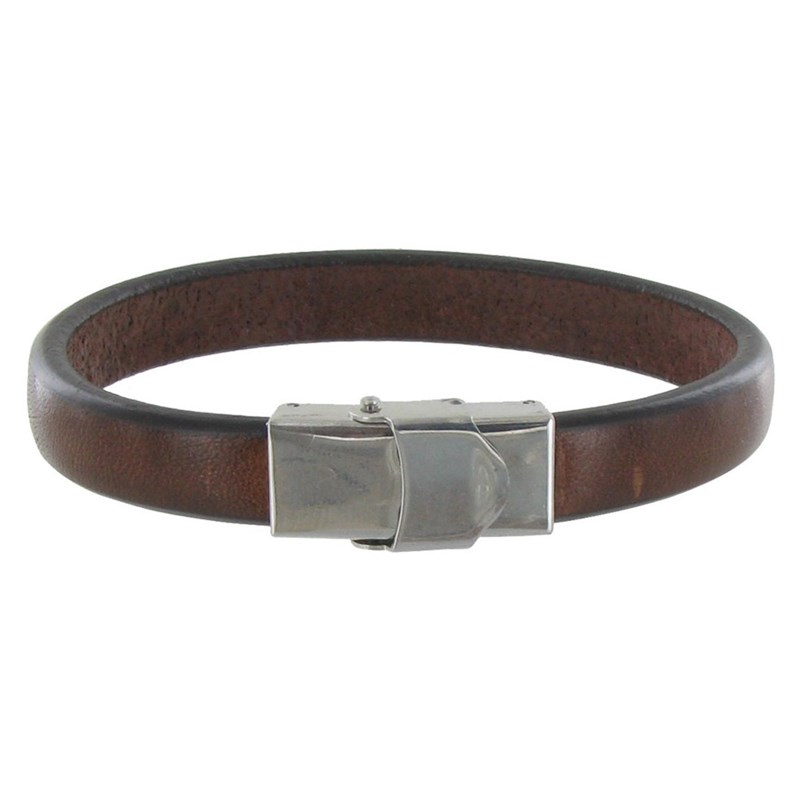 Bracelet Enfant Cuir Marron Foncé Large Fermoir Acier Inoxydable