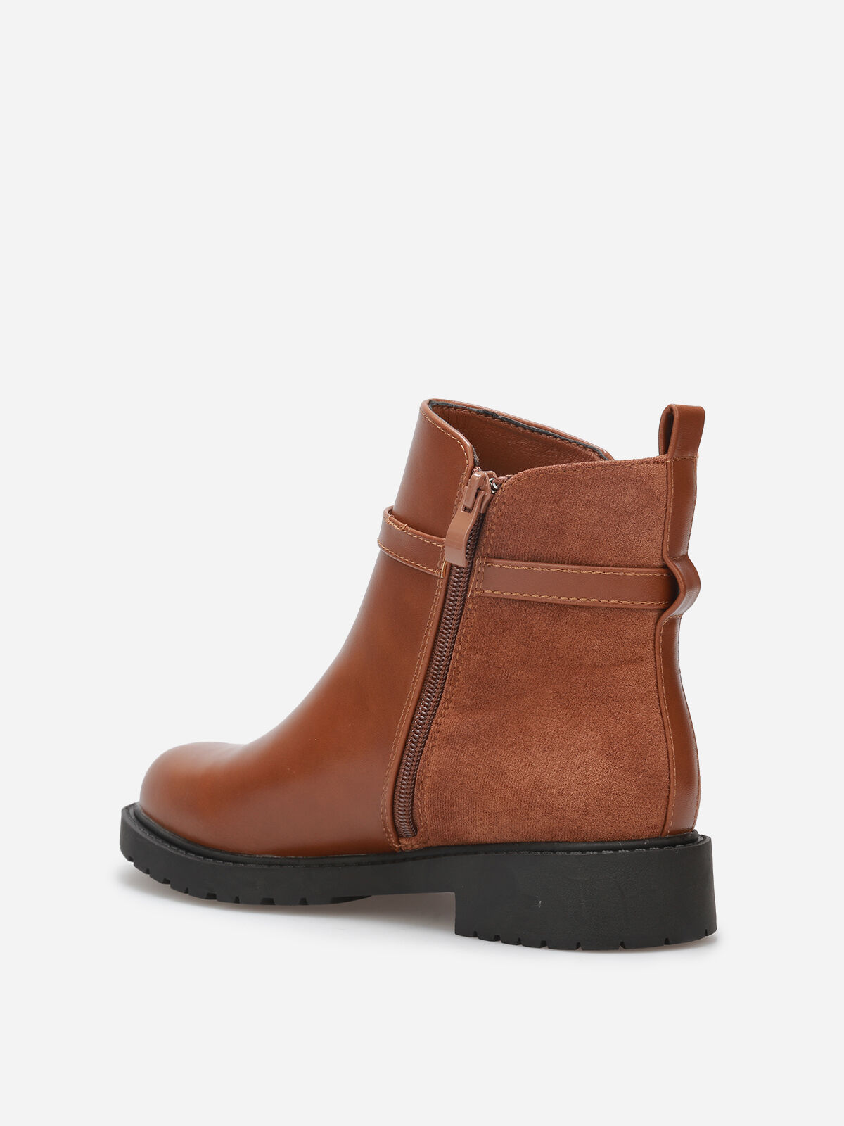 Bottines plates bi-matière à boucle dorée- Camel