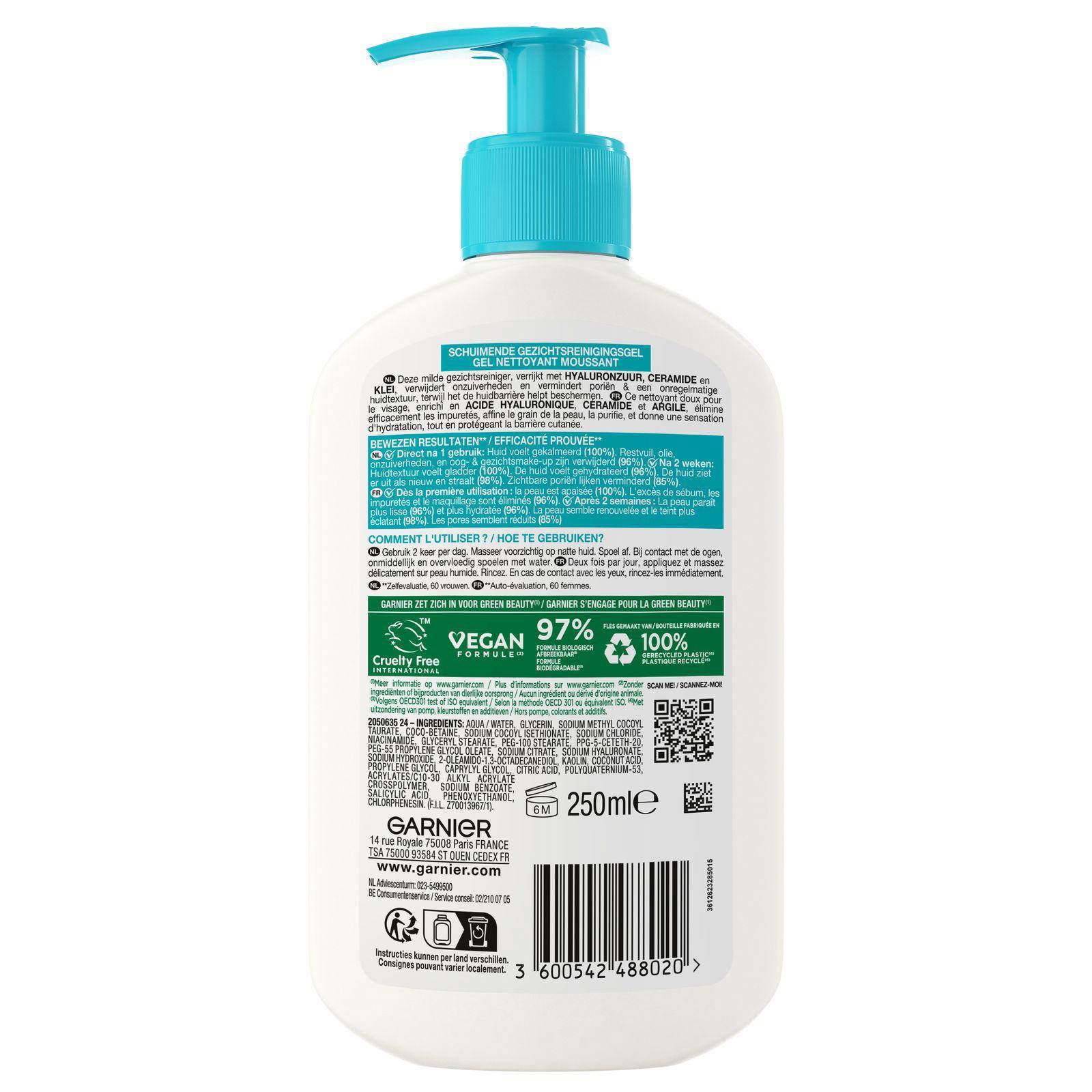 Garnier Hyaluronzuur, Ceramide & Klei hydraterende gezichtsreiniger - 250 ml