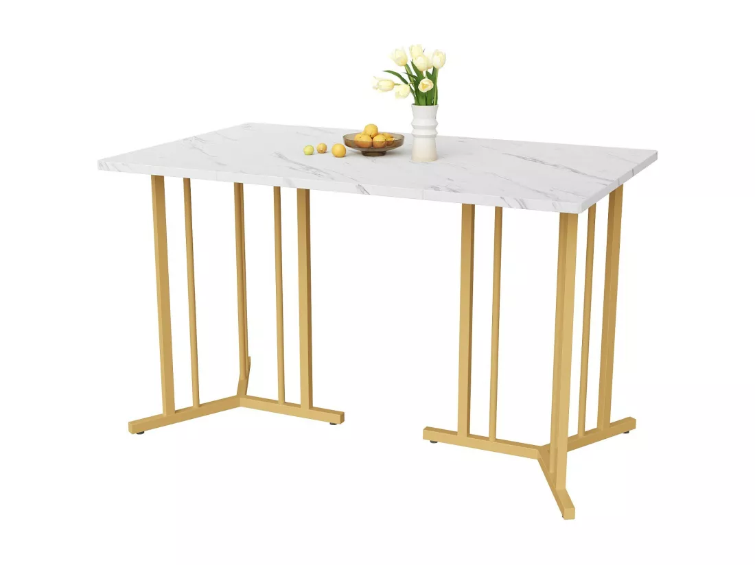 Table à manger 4 personnes en MDF et métal, avec pieds réglables, motif en marbre, 140x80x75cm, Blanc