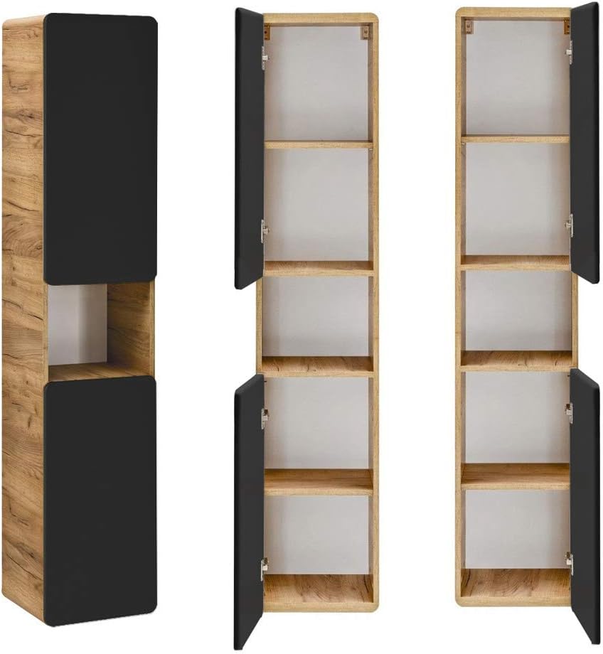 Lomadox Badmöbel Set 4-teilig, seidenmatt anthrazit & Wotan Eiche Nb., Badezimmer Komplettset: Spiegelschrank, Waschtisch mit Unterschrank, 2 Hochschränke