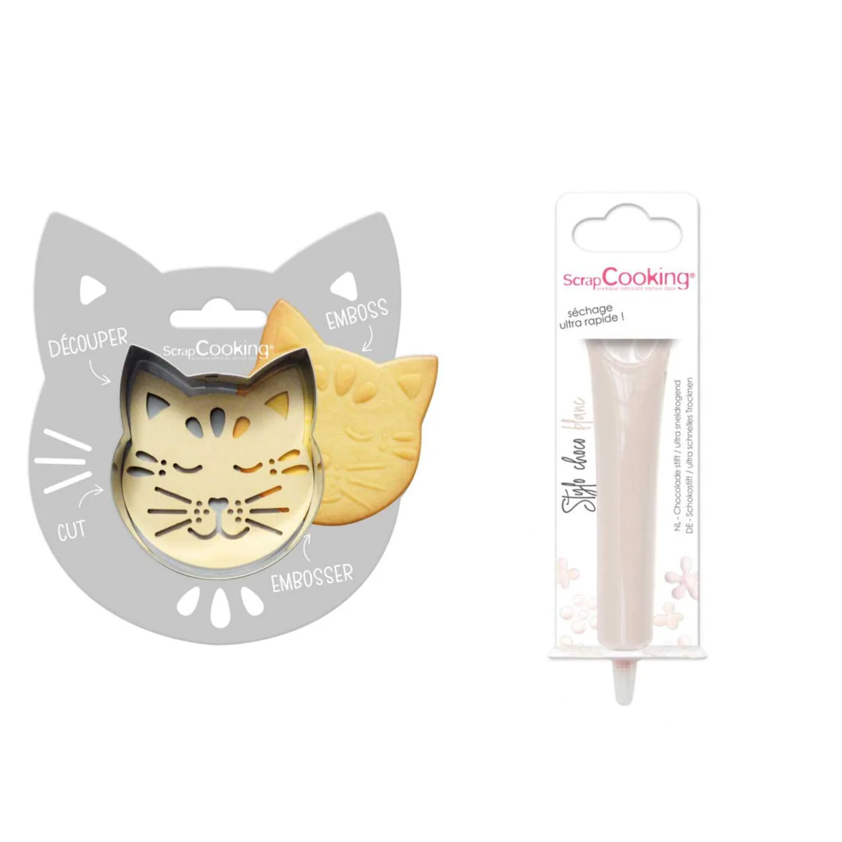 Kit pour biscuit en relief Chat + Stylo au chocolat blanc Scrapcooking