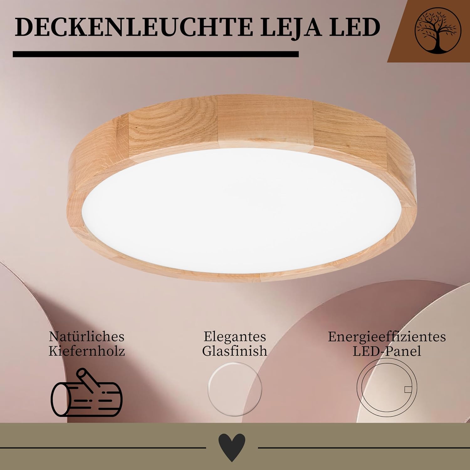 Schlafzimmerlampe - Runde Holz Deckenlapme Eiche LED 24W-4000K (∅37 cm) - Modern Beige Deckenleuchte für, Wohnzimmer, Flur, Küche - Stilvolle Eichenholz LEJA