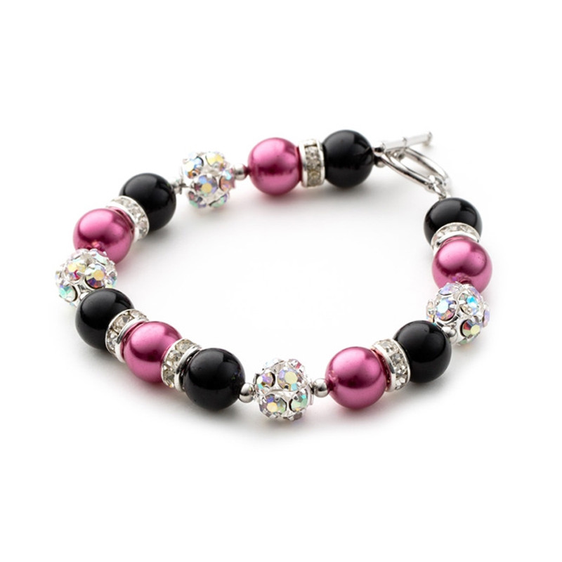 Bracelet 1 Rang en Perles Rose et Noir, Cristal et Plaqué Rhodium